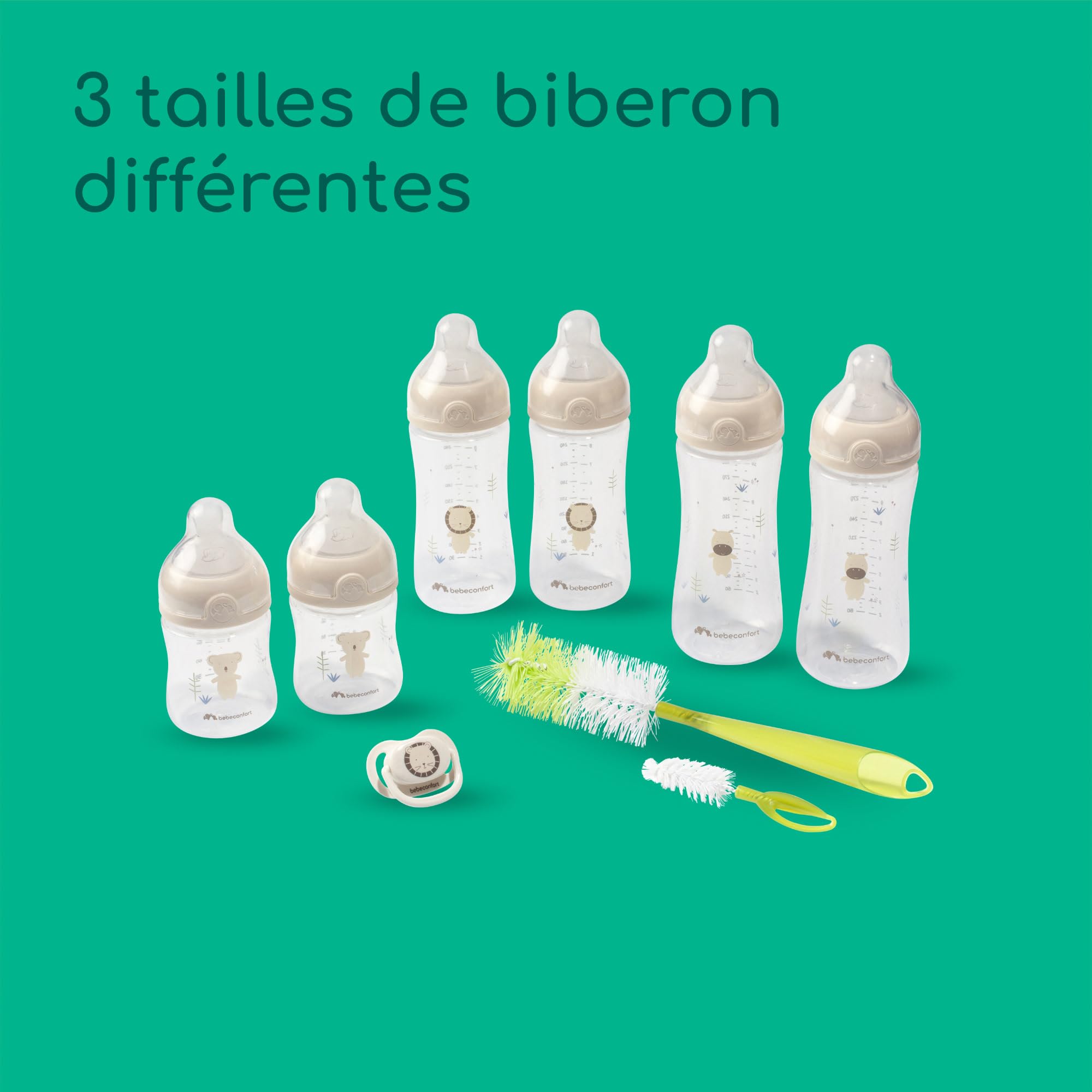 Bebeconfort Physio Air Kit complet biberons, Essentiels alimentation au biberon, 0 mois+, 6 biberons, tétine et goupillon 2-en-1, tétine de forme physiologique, design anti-coliques