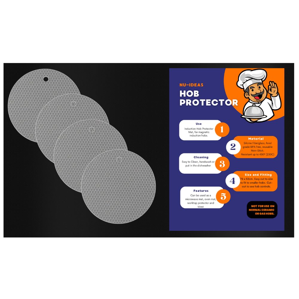 NU-IDEAS Large Silicone Induction Hob Protector Mat, Magnetic, Heat Resistant, Self Sticky, Grey, Round, Trivet, Mat 78x52cm with Grey Work Top Trivets