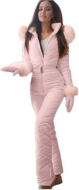 NJGRAE Women's Ski Suits Fleece Hooded Snowsuit Winter Jumpsuits Coveralls Waterproof Windproof Thick Snowsuit