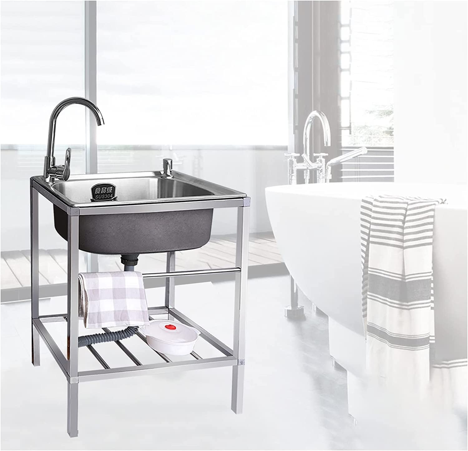 TAXXII Home Kitchen Sinks Stainless Steel Utility Sink, Commercial Laundry Room Garage Sink Outdoor Free Standing w/Faucet & Drainboard Storage, for Improvement