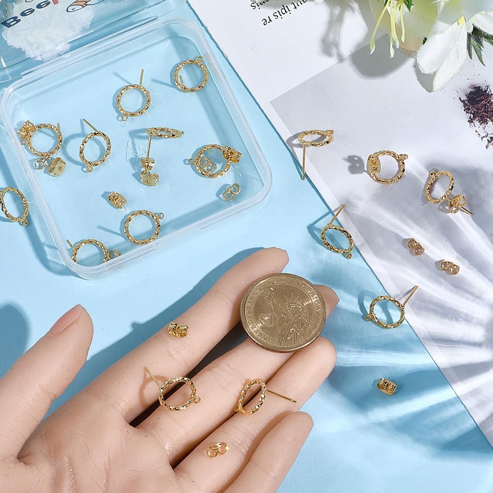 Beebeecraft 20Pcs Round Stud Earring with Loop, 18K Gold Plated Twist Circle Earring Post Findings for Jewelry Making DIY Supplies