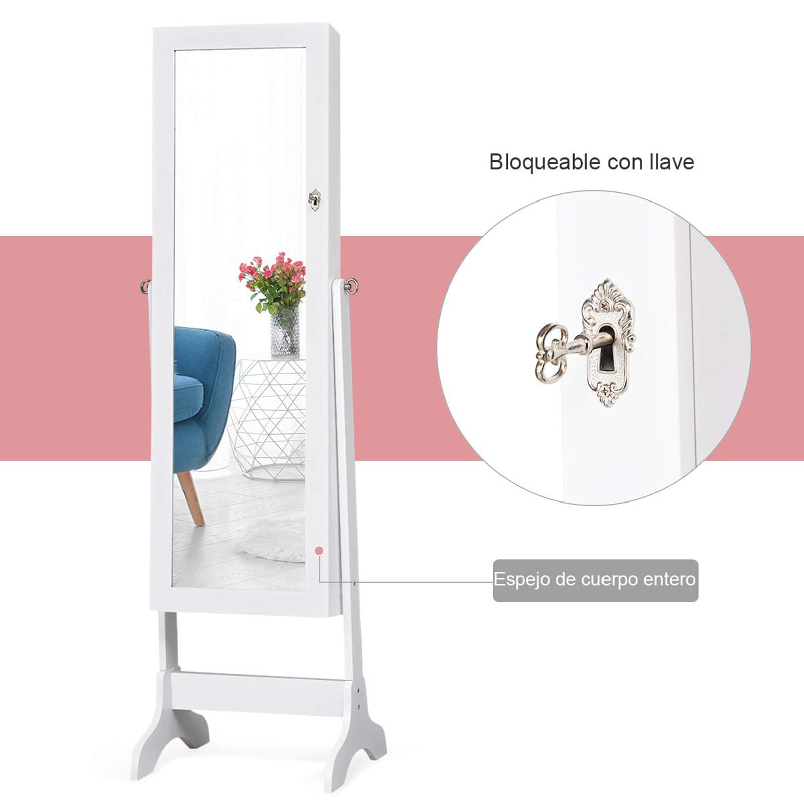 COSTWAY Armario Joyero de Pie con Espejo y Cerradura, Estante para Joyería Almacenamiento