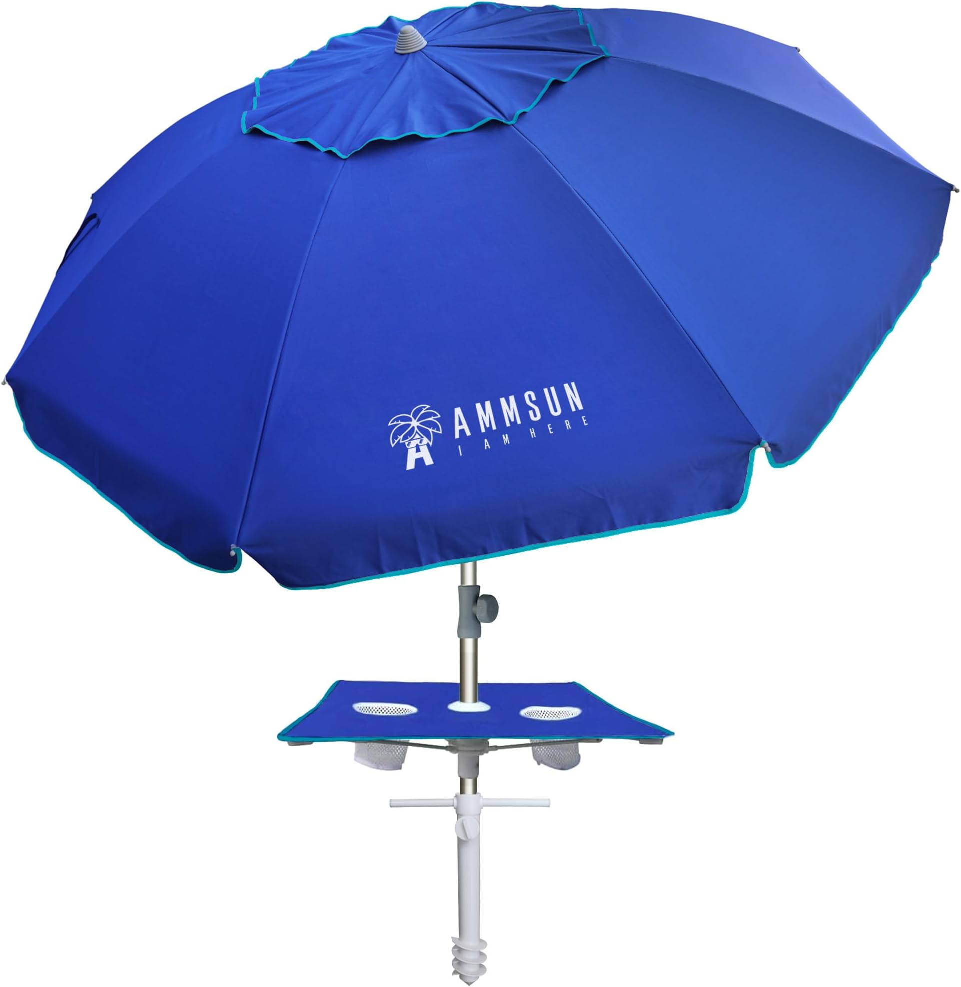 AMMSUN 7ft Heavy Duty High Wind Beach Umbrella with sand anchor, Built-in Table Tray Vent Tilt Pole, UPF 50+ Windproof Portable Outdoor Umbrellas Carry Bag for Patio Garden Pool Backyard Navy