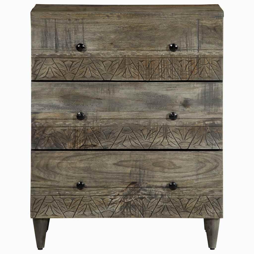 Sideboard Hellgrau Massivholz Mango 60x33,5x75 cm mit Schnitzfront, Stauraum Schrank, Aufbewahrungsschrank für Wohnzimmer, Büro, Flur, Schlafzimmer