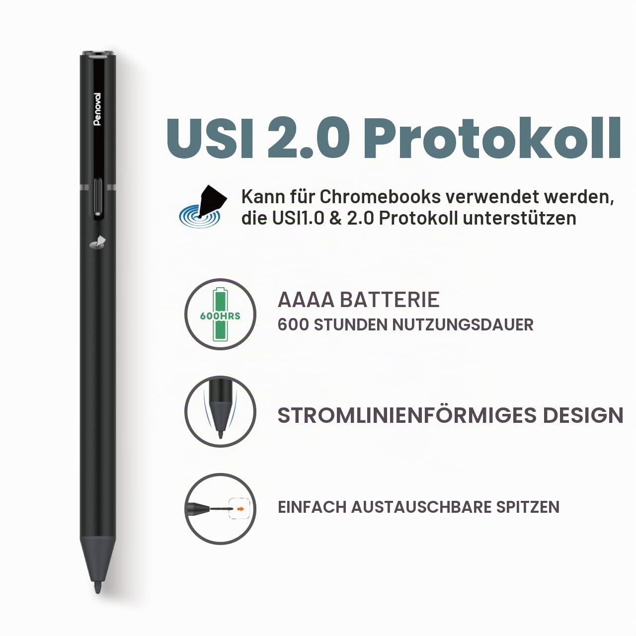 Penoval USI 2.0 Lite Eingabestift für Chromebooks und das Pixel Tablet | 4096 Druckstufen, flüssiges Schreibgefühl, aktiver digitaler Eingabestift für Amazon Fire Max 11, ASUS Flip CX5, Lenovo Duet