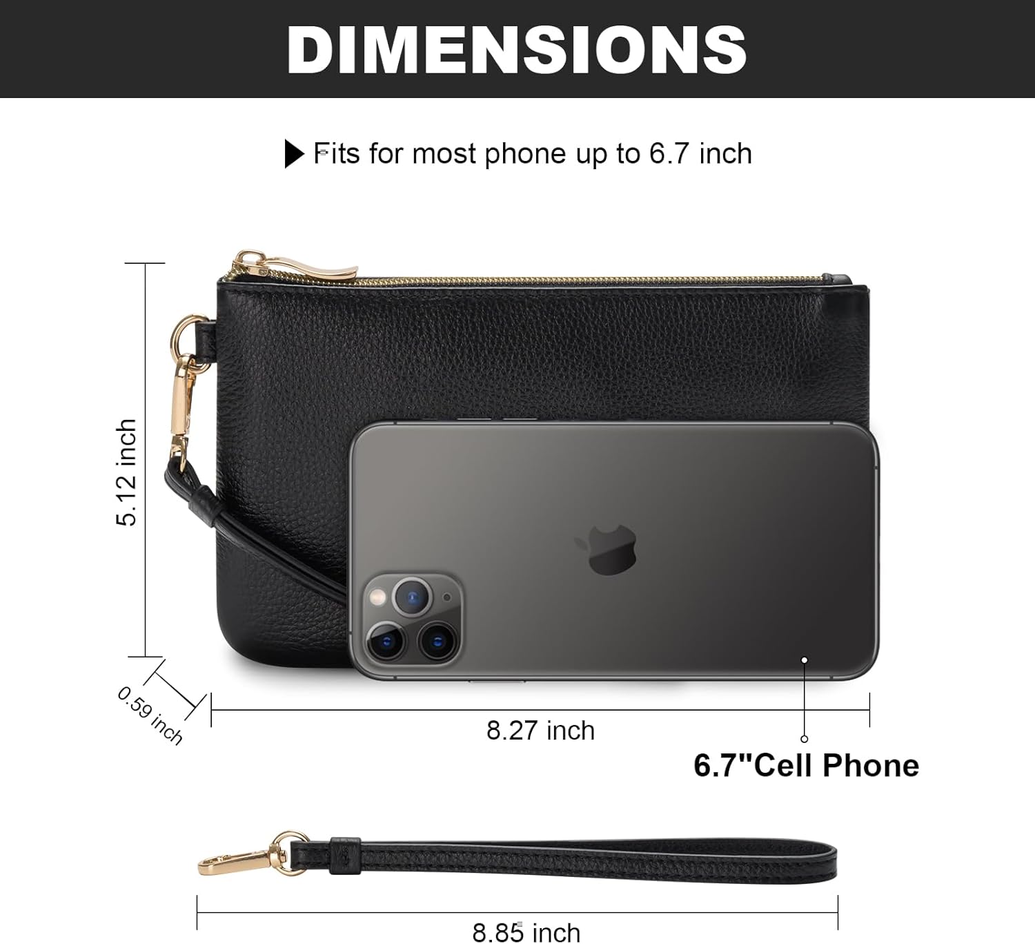 Genuine Leather Wristlet Purse for Women, Slim Clutch Wallet with Detachable Wrist Strap, Mini Handbag