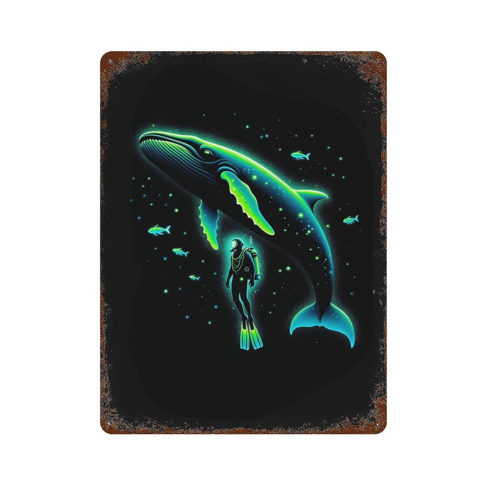 Scuba Diver And Whale Rust Effect Tin Sign 15.7"x11.8", Industrial Home Decor for Bistro, Counter And Cafe Decor