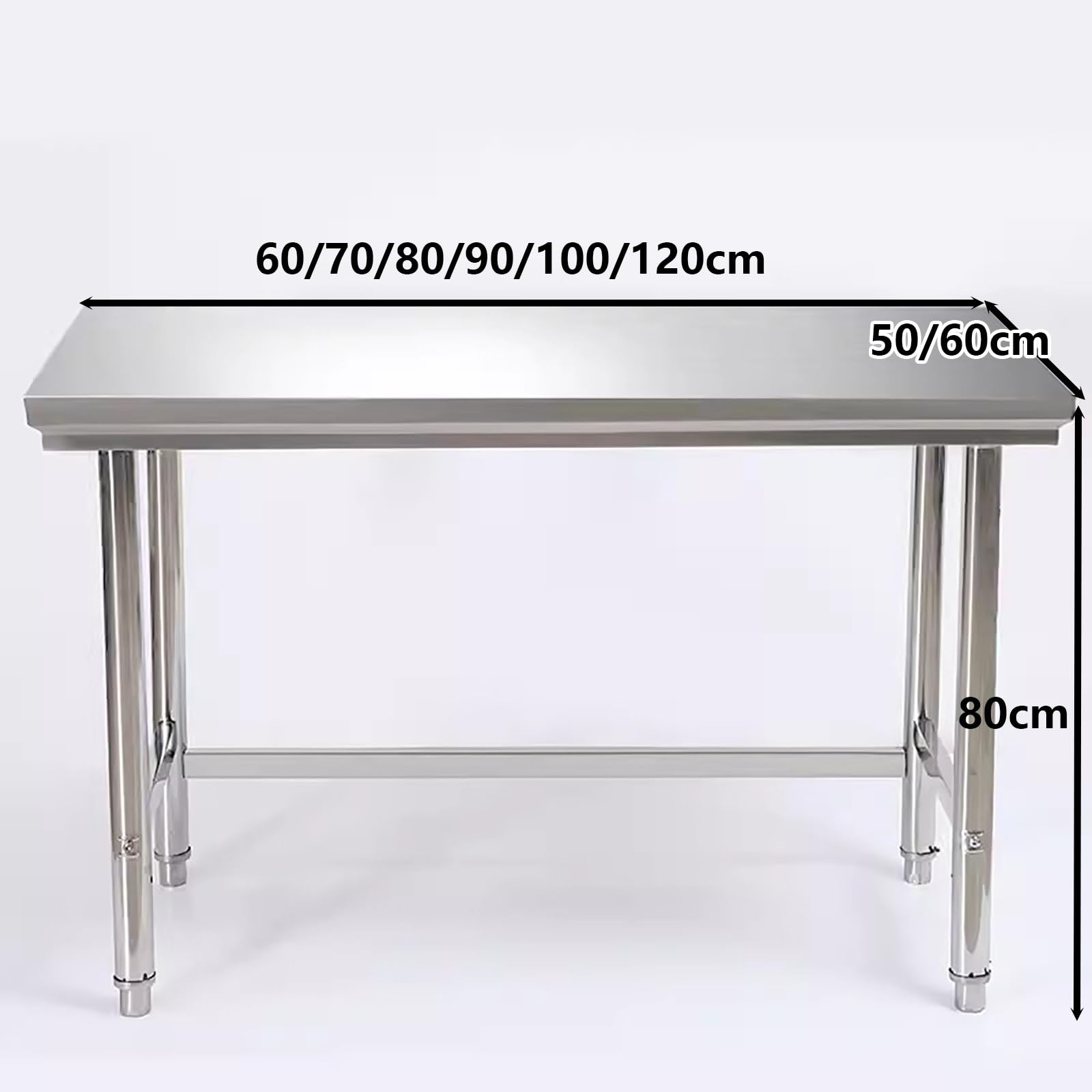 Mesa de trabajo comercial de acero inoxidable resistente con patas ajustables, acabado cepillado para mayor estabilidad, ideal para uso doméstico y profesional.