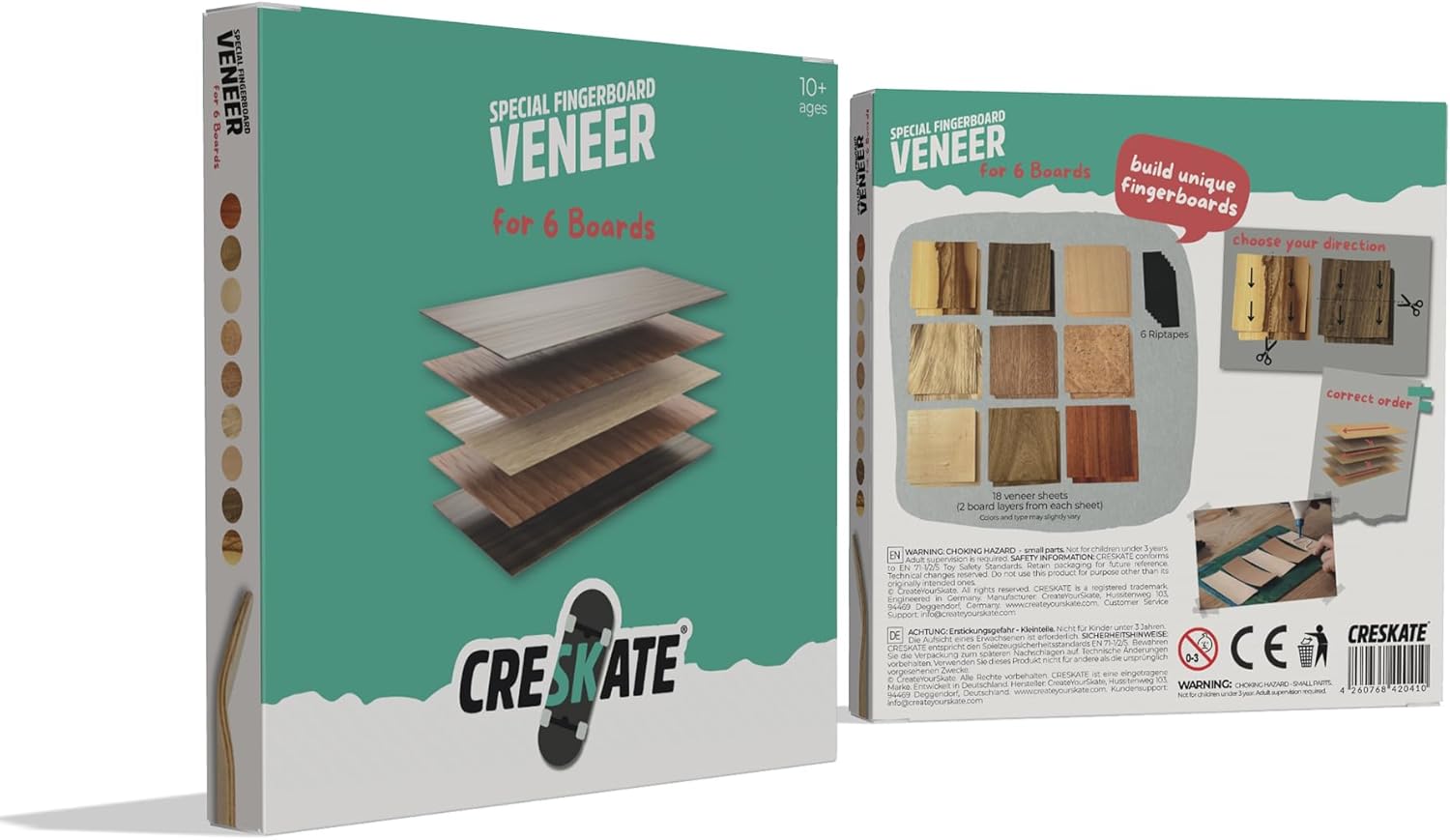Exotic Fingerboard Veneer Pack – 18 Sheets (125 × 125 mm) for 6+ Decks | Premium Real Wood | Made in Germany | Smooth Grip Tape Included | DIY Fingerboard Deck Building Kit