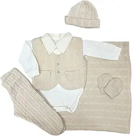 Conjunto Saída Maternidade Bebê Menino 6 Peças Tricô com Manta