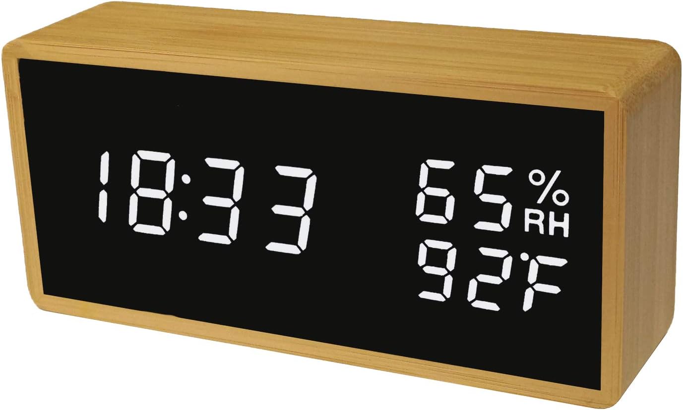Alarm Clock Real Bamboo Wood Digital Clock Rechargeable Snooze Decorative LED Display Time Temperature Humidity Voice-Activated Clock for Home Kids Bedroom Office(Bamboo Frame,White Display)