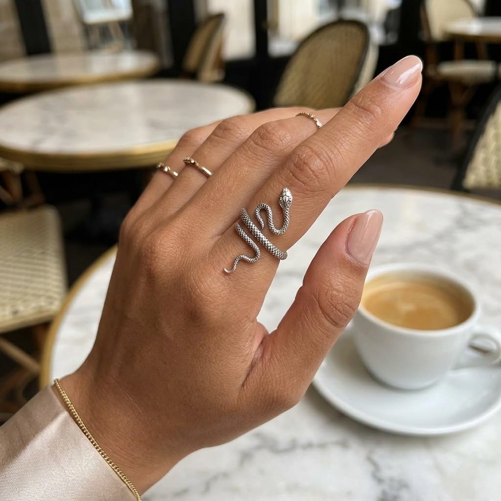 PRAYMOS Anillo de serpiente de plata de ley 925, anillos ajustables, bohemio, anillo de serpiente, banda apilable, punk, para mujeres, hombres, unisex, joyas