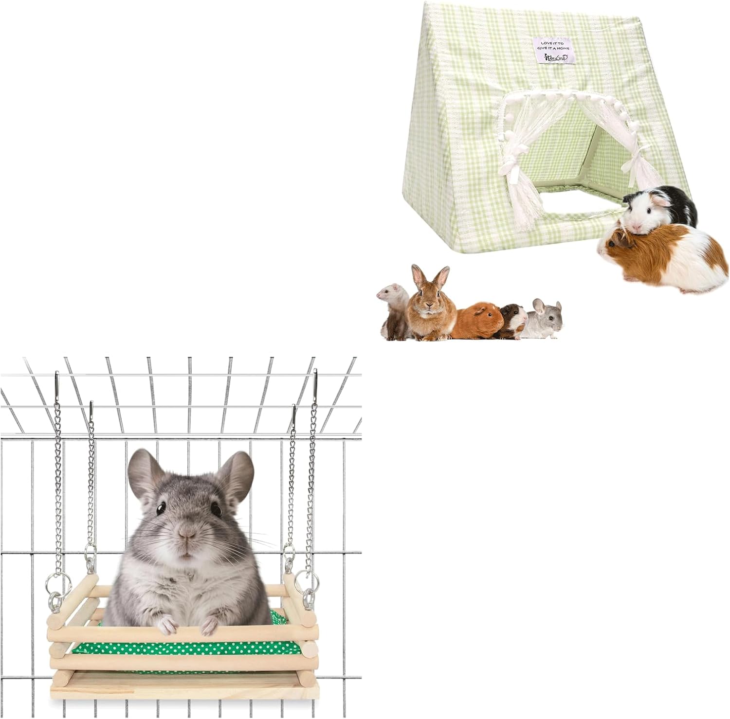 Large Guinea Pig Hideout & Chinchilla Hammock Set (Grid) - Machine Washable Tent with Soft Mat Bed for Rabbit, Ferret, Chinchilla, Squirrel Habitat