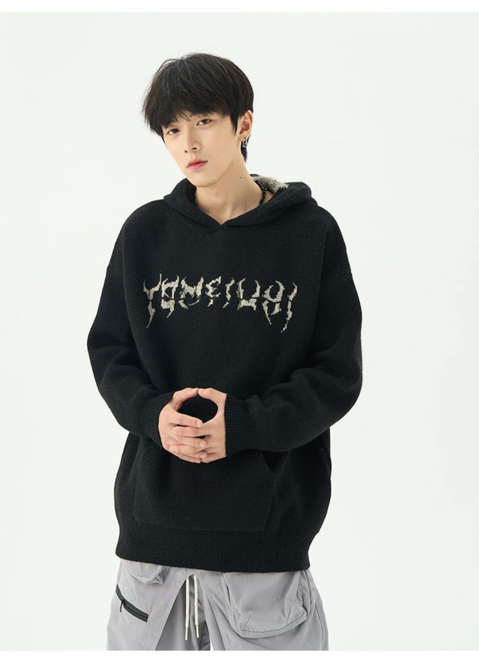 Maglione Lavorato a Maglia Hip Hop Pullover con Cappuccio da Uomo Felpe con Cappuccio da Uomo Punk Goth Harajuku Abbigliamento da Uomo Allentato Streetwear Giapponese