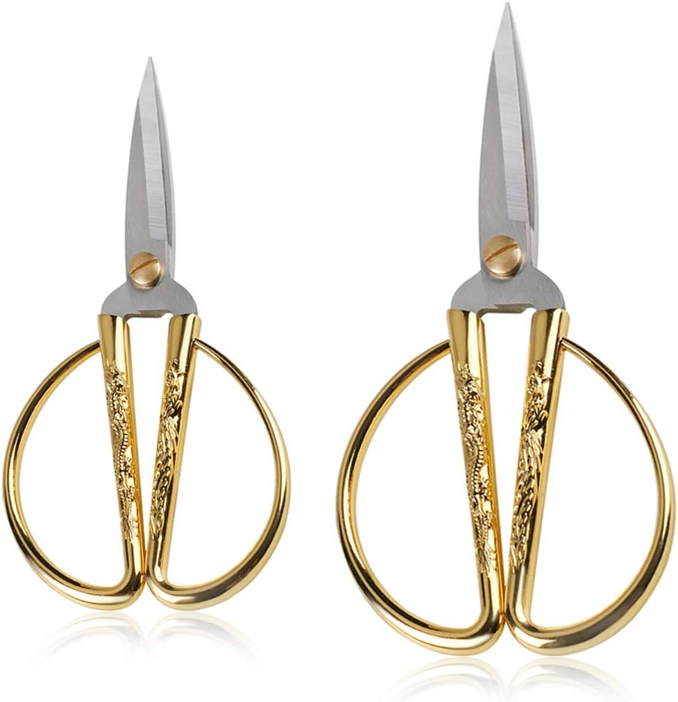 Wasan Gold Plated Dragon and Phoenix Relief Design Bonsai Scissors, Chinese Shears Household Traditional Scissors for Sewing, Art Craft, Food Paper Cutting - 2 Packs (5" and 6")