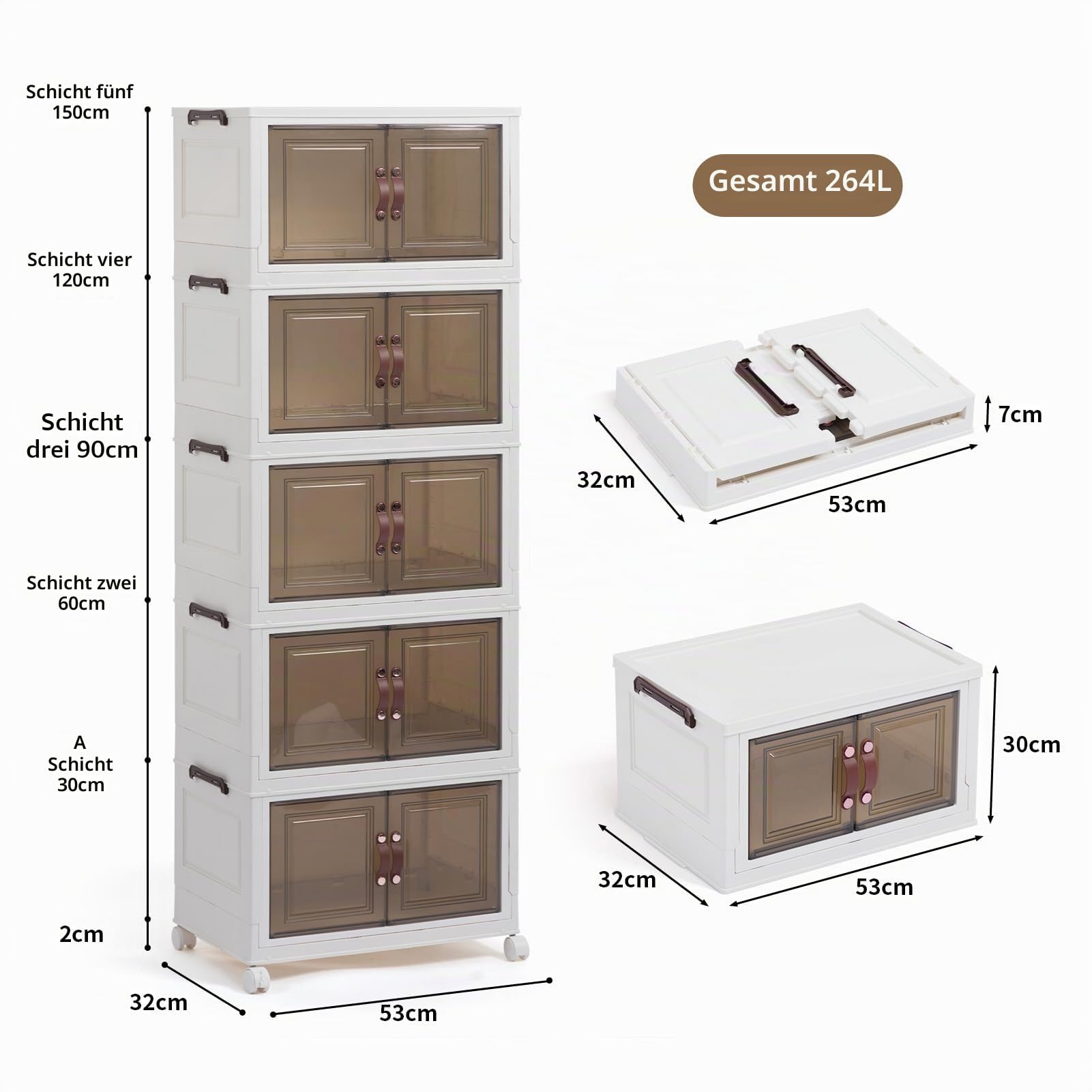 DreamHaven Faltbare Aufbewahrungsboxen mit Türen stapelbare Aufbewahrungsboxen aus Kunststoff und Rädern Aufbewahrungsbox Organizer für Schlafzimmer Badezimmer Küche Wohnzimmer，5-stöckige