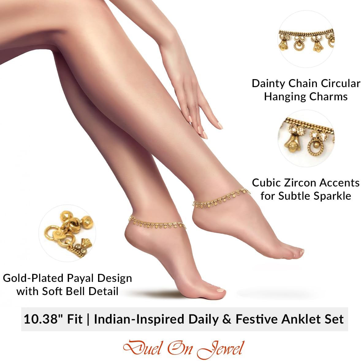 Duel On Jewel Gold Payal Set for Women, Indian Paayal Jhanjar Chain Anklets with Bell Detail, Foot Jewelry Pair, 10 Inch Comfort Fit, Traditional & Dainty Styles for Wedding Beach Everyday Gift