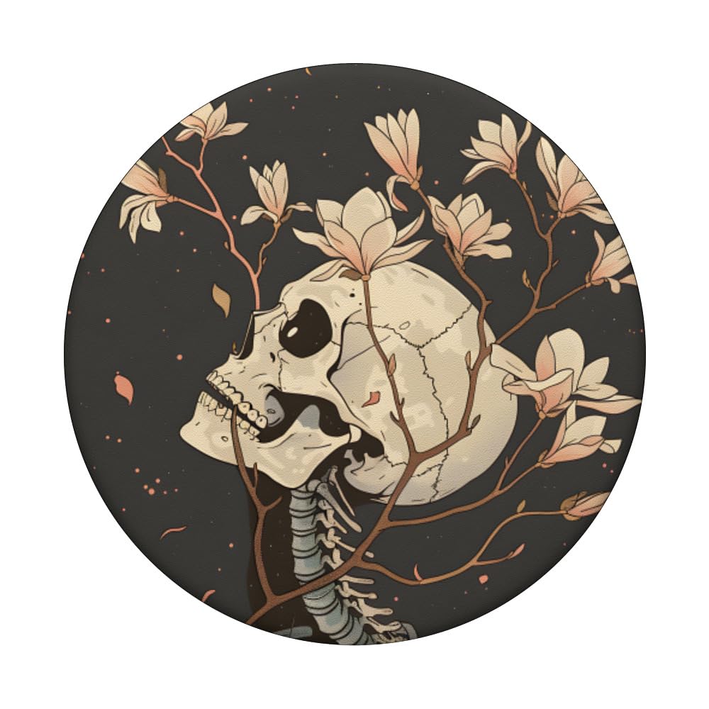 Creepy Floral Magnolia Flower Bouquet Skeleton PopSockets Swappable PopGrip, Black - Image 3