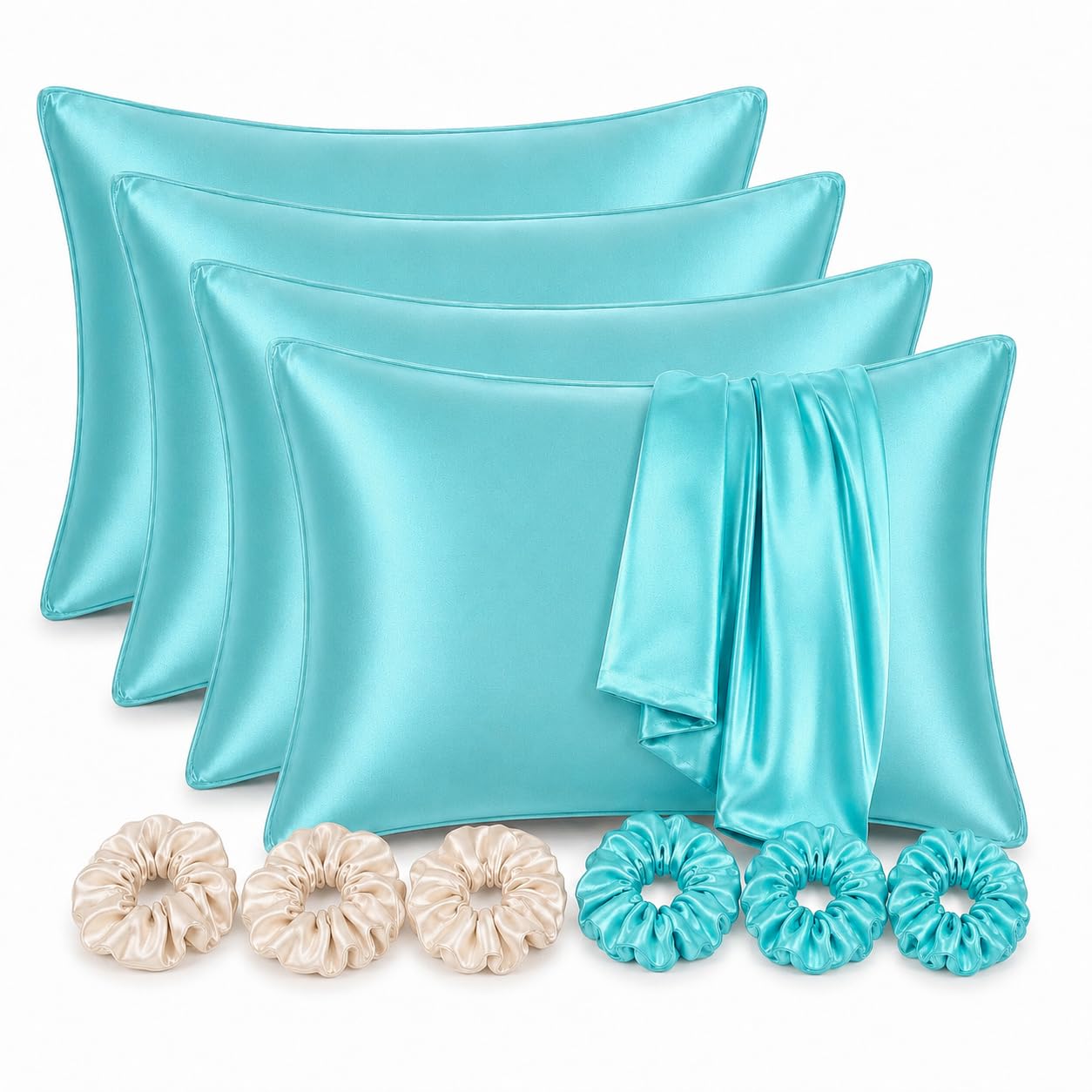 Solid Satin Silk Pillow Covers Pack of 4 for Hair and Skin-with Satin Scrunchies | Satin Pillow coves for Hair and Skin | scrunchies for Women 3-Pieces | Silk Pillow case (Aqua Blue) 600TC-image-23