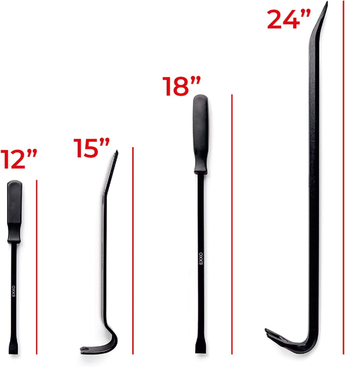 EXXO - Heavy Duty 4-Piece Rolling Head Pry Bar Set- Durable Alloy Steel Industrial Strength Tools for Mechanics, Craftsman, Machinery Technicians - Extra Long - Includes 6, 12, 16, 20 Inch Lady's Foot