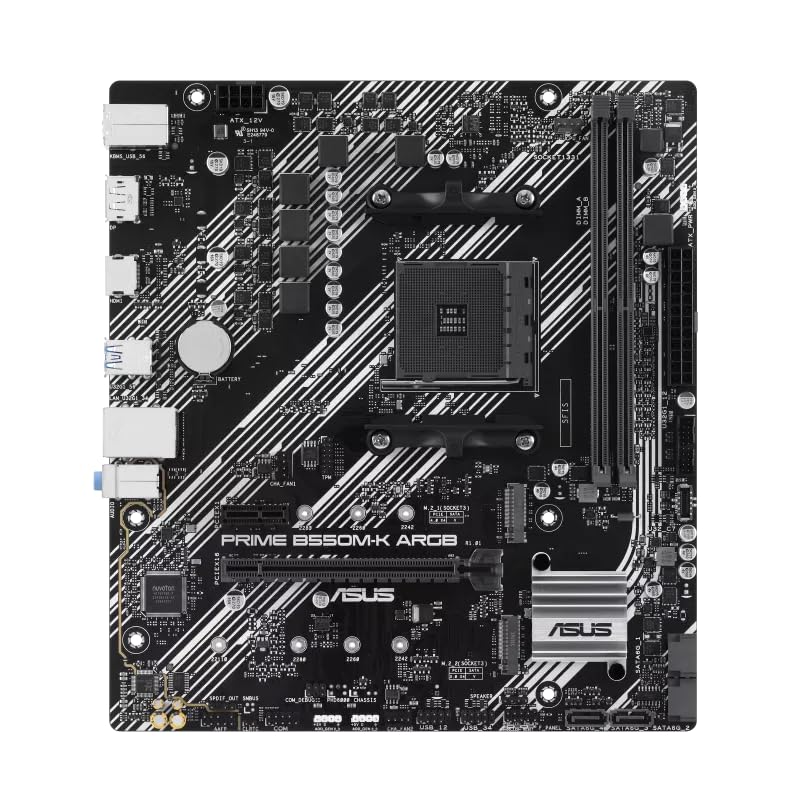 Image of ASUS Prime B550M-K ARGB AMD B550 (Ryzen AM4) mATX Motherboard with Dual M.2 Slots, PCIe 4.0, Realtek 1Gb Ethernet, Display Port,HDMI, SATA 6 Gbps, Rear USB 3.2 Gen 1 Ports, Front USB 3.2 Gen 1 Type-C