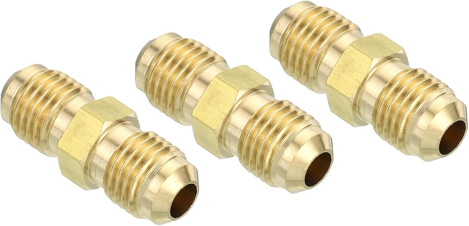 PATIKIL 1/4"Male x 1/4" Male Brass Flare Union Connector, 3 Pcs Gas Adapter Brass Tube Coupler Pipe Fitting for Hose Fitting