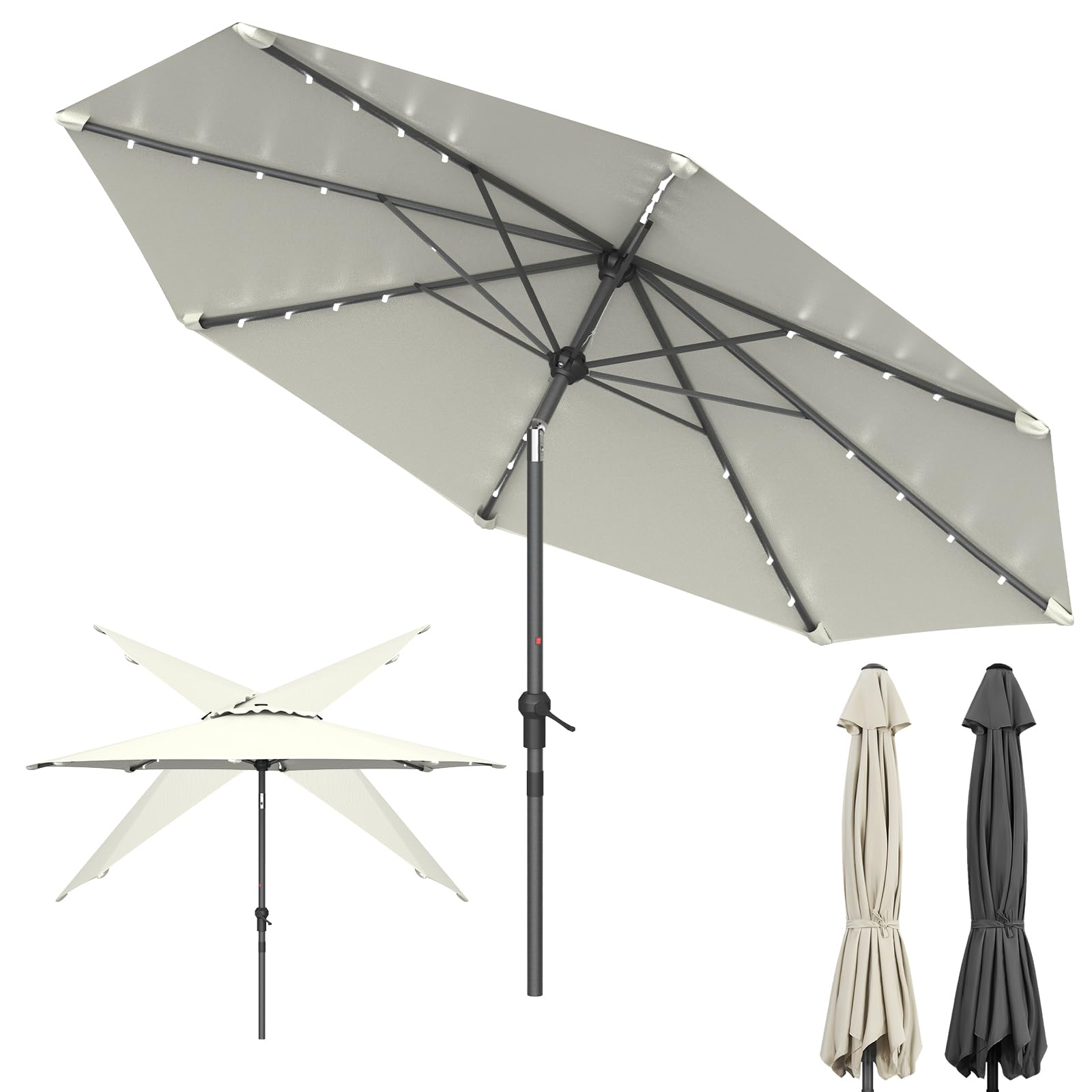 Sonnenschirm mit Beleuchtung Solar, Kleiner Balkonschirm Kippbar 45° ohne Ständer Windfest UV-Schutz, Gartenschirm Marktschirm Terrassenschirm Kurbelschirm Sonnenschutz