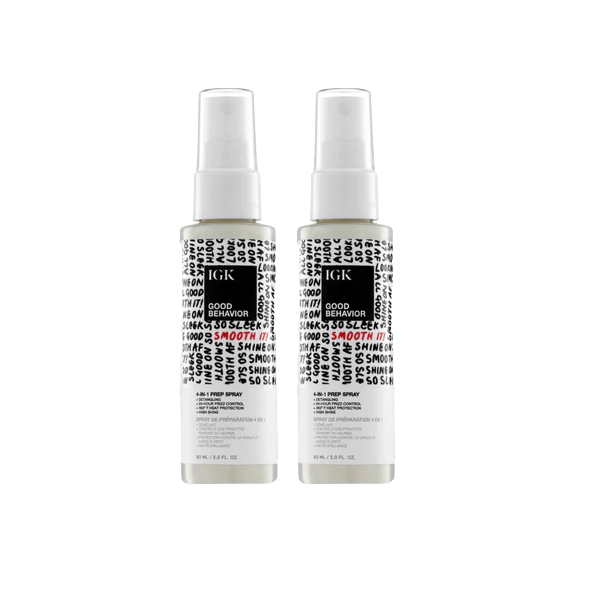 IGK GOOD BEHAVIOR 4-in-1 Prep Spray Travel Size | Gently Detangles, Controls Frizz for 24 Hours, Heat Protection & Shine | Weightless Formula for Smooth Hair | 2.0 Fl Oz (Pack of 2)