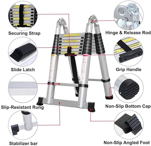 Échelle télescopique Double Usage en Métal léger avec stabilisateur - Capacité de Charge de 150 kg (2,5 m + 2,5 m) - 2