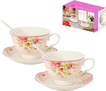 Cup and Saucer Sets of 2 with Spoon, 8oz Large Tea/Coffee Cups and Saucers New Bone China Floral Vintage Cup & Saucer Sets Porcelain Tea Latte Mugs -Microwave Dishwasher Safe