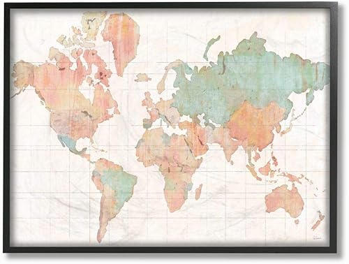 Stupell Industries Arte de pared enmarcado negro con mapa del mundo vintage, diseño verde y rosa, 24 x 30 pulgadas, multicolor