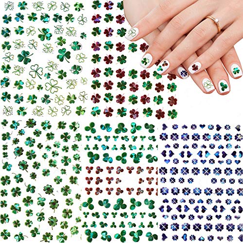 St. Patrick's Day 3D Nail Art Stickers Laser Self-adhesive Nail Sticker nail Lucky Four-leaf Clover Nail Art Sticker Decal Nail Charm Design for Women Girls Nail Art Decorations St. Patrick's Day Gift