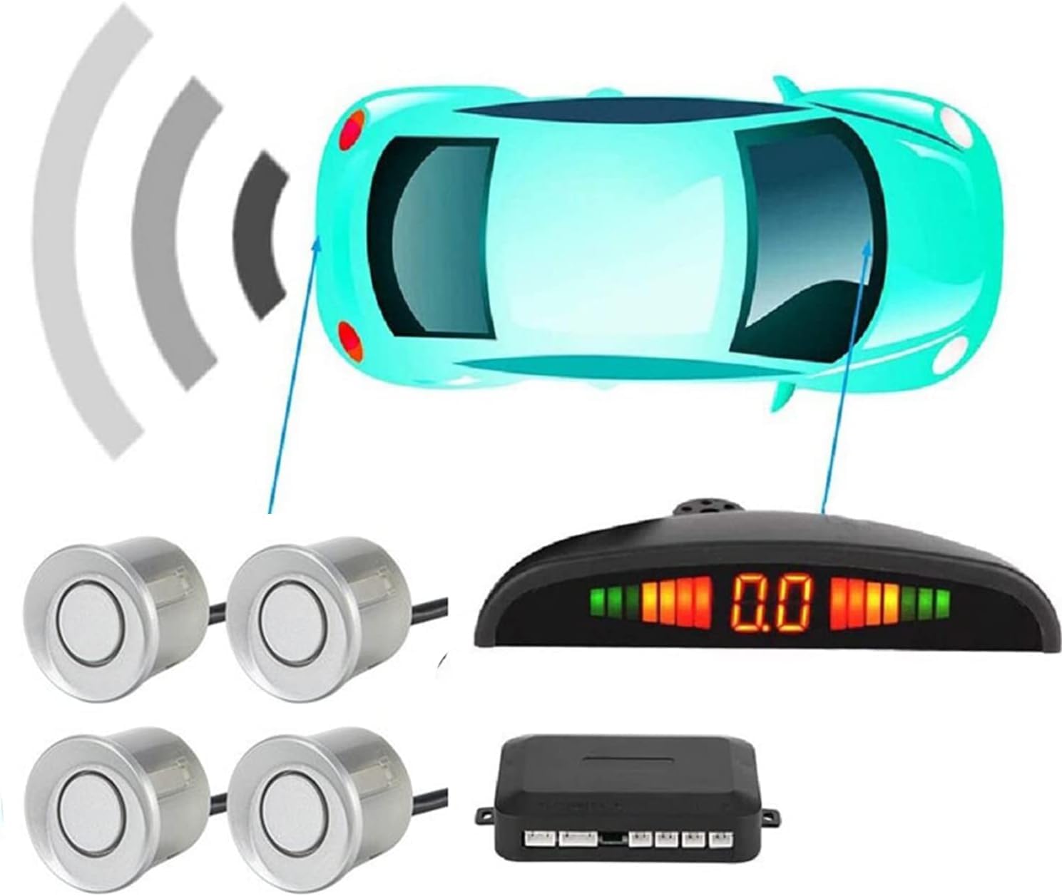 SQUADO - Sensore di Parcheggio Kit Desplay LED Acustico Auto Reverse Backup di Sistema + 4 Sensori (grigio)