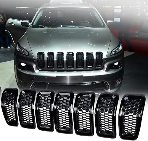 Miniatura 8 de Astra Depot 7 piezas de insertos de parrilla negro mate compatibles con Jeep Cherokee 2014-2018 insertos de rejilla delantera de panal de abeja