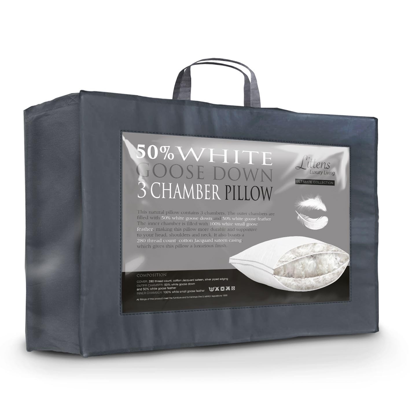 Littens 3 Chambered Ultimate 50% White Goose Down & Feather Side Sleeper Pillow 280TC 100% Cotton Jacquard Casing, Down Proof 50cm x 75cm (20" x 30") โ image 1