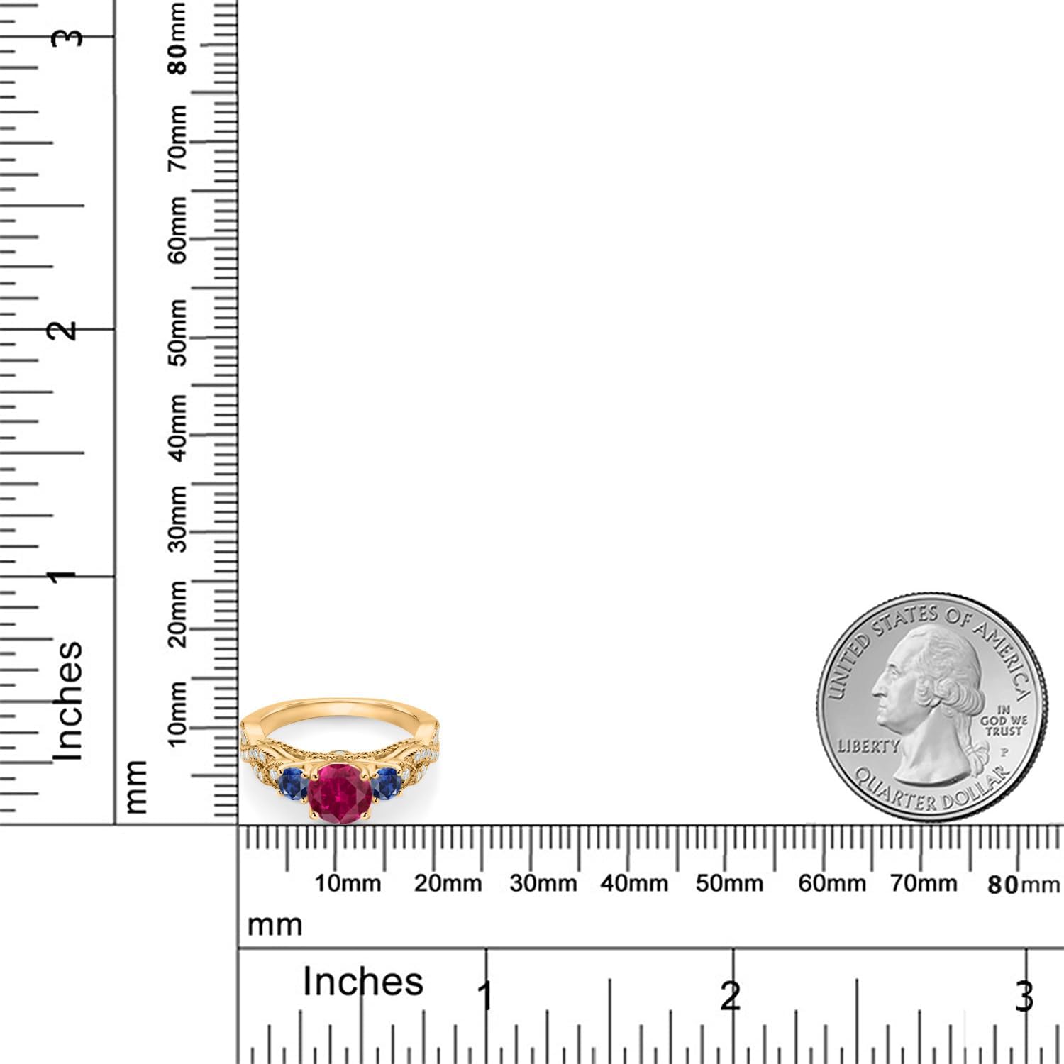 Gem Stone King 18K Yellow Gold Plated Silver Red Created Ruby Blue Created Sapphire and White Moissanite Engagement Ring For Women (1.55 Cttw, Gemstone July Birthstone, Round 6MM and 3MM)