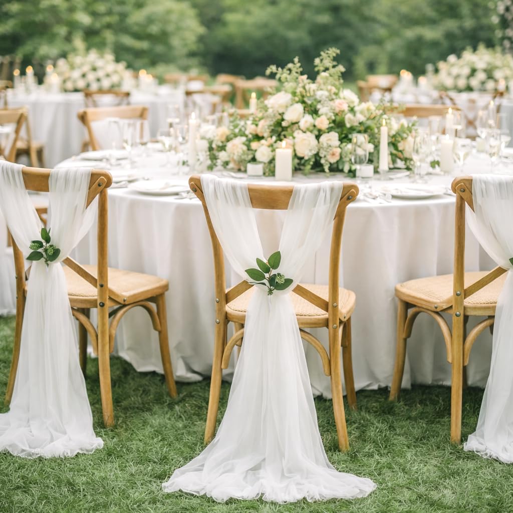 16 Stück Stuhlhussen Hochzeit Weiß 26x240cm – Chiffon Stoff Stuhlschleifen Stuhldeko Tüll Stuhlschärpen Kirche Bankreihe Hochzeit Party