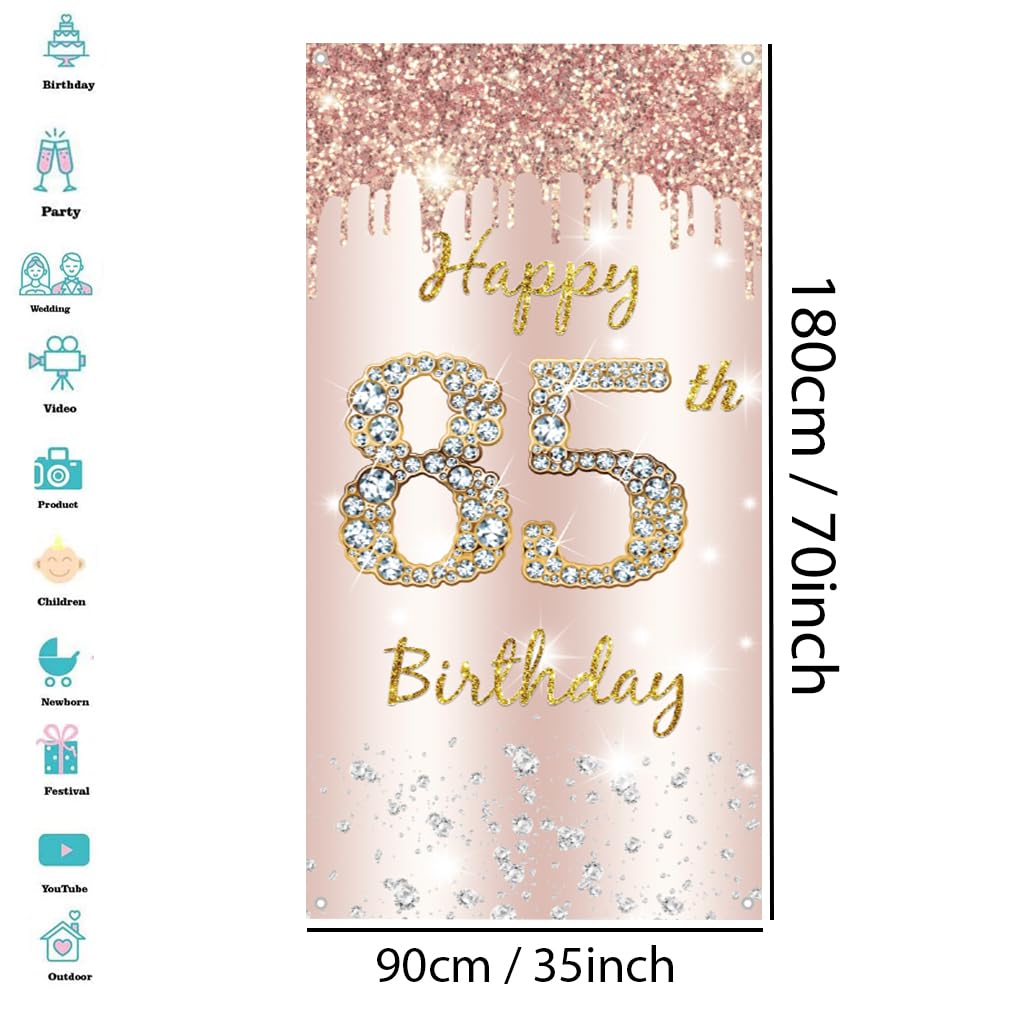 85. urodziny dekoracja damska, Happy 85th Birthday Door Banner różowe złoto, 85. urodziny tkanina tabliczka plakat dekoracja drzwi, 85. urodziny tło baner damski, przyjęcie urodzinowe tabliczka