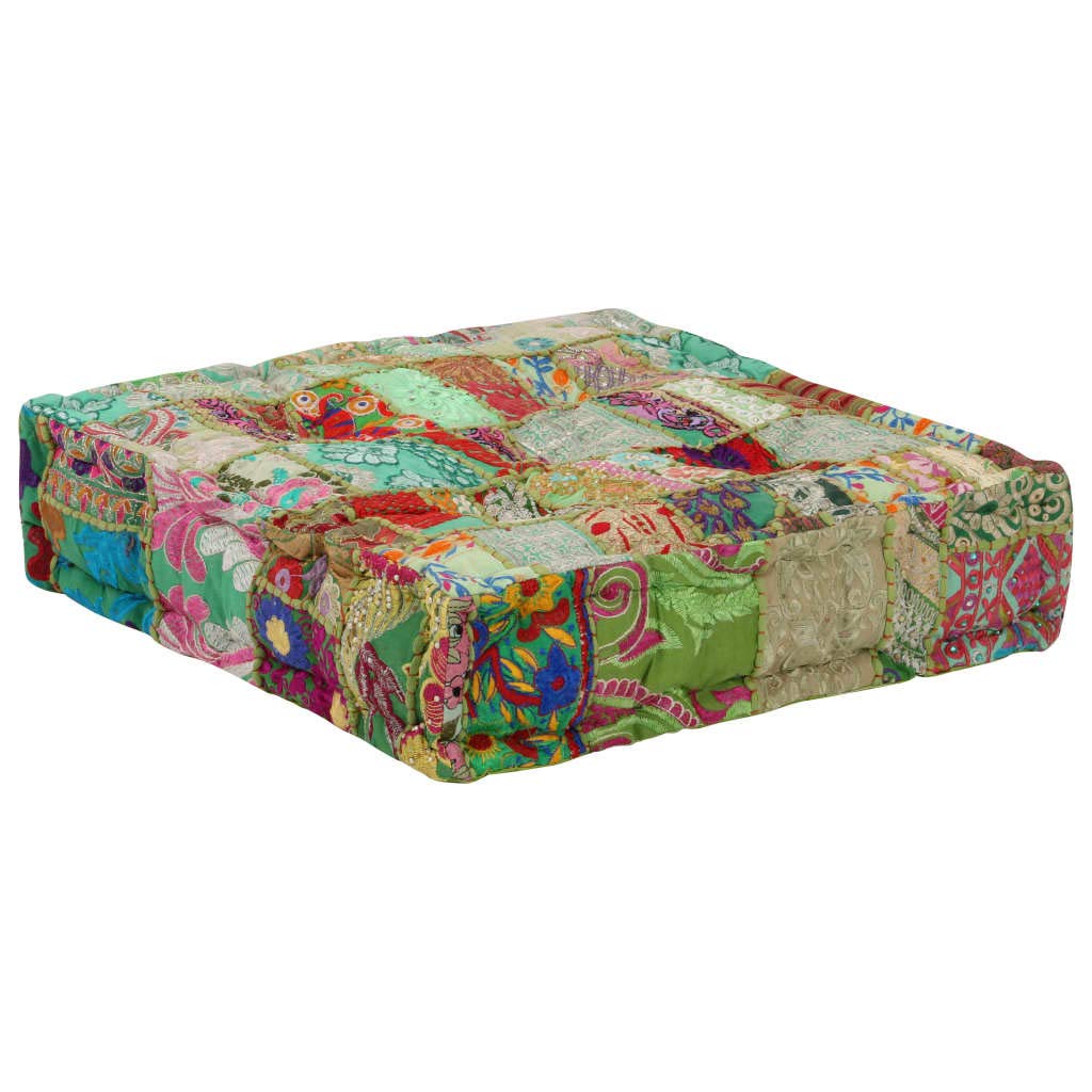 vidaXL Pouf Flickwerk Quadrat Baumwolle Handgefertigt 50×50×12 cm Grün