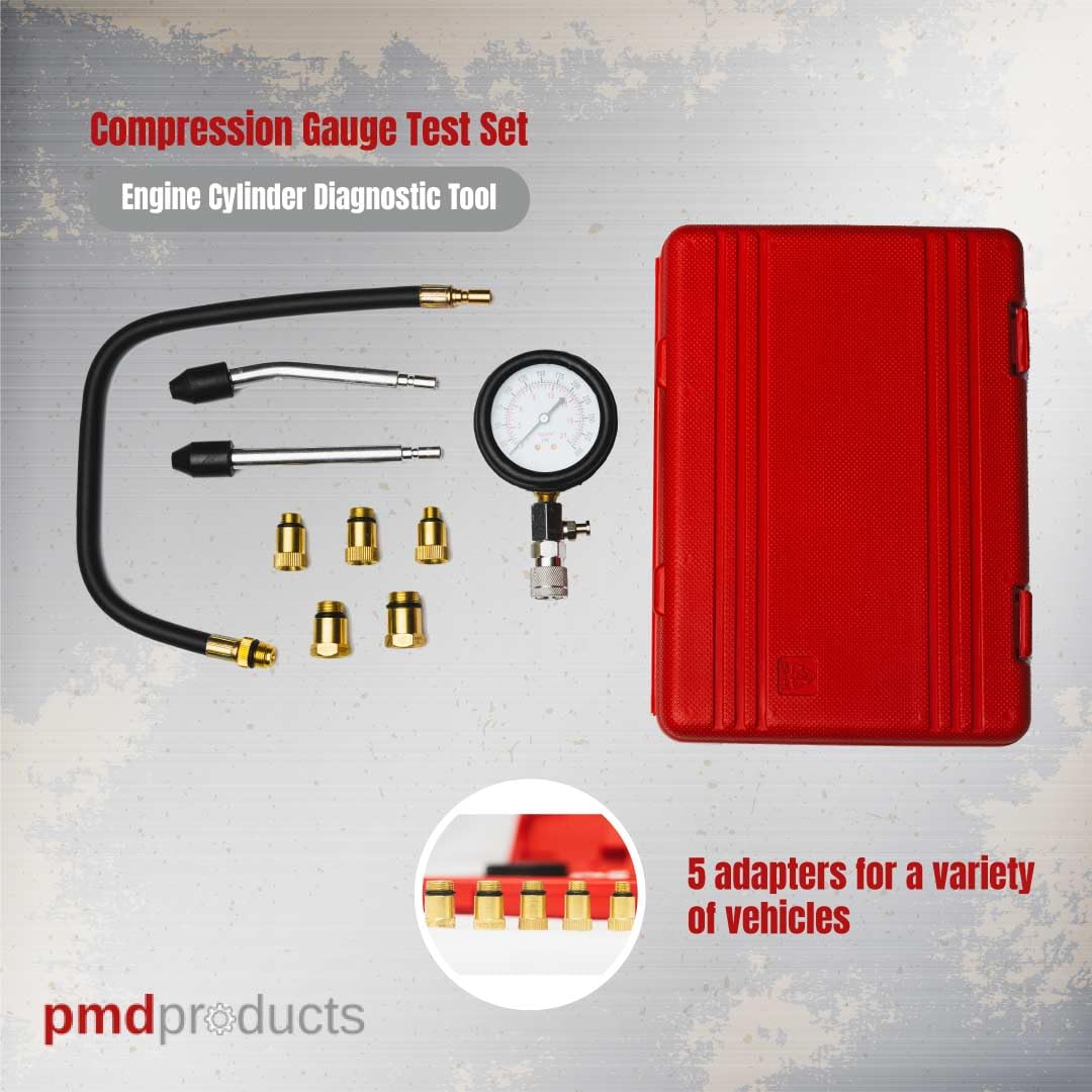 Engine Compression Tester Kit – 5 Adapters (M10, M12, M14, M16, M18) – Accurate 0-300 PSI Dual Scale Gauge – Ideal for Small Engine Diagnostics - PMD Products
