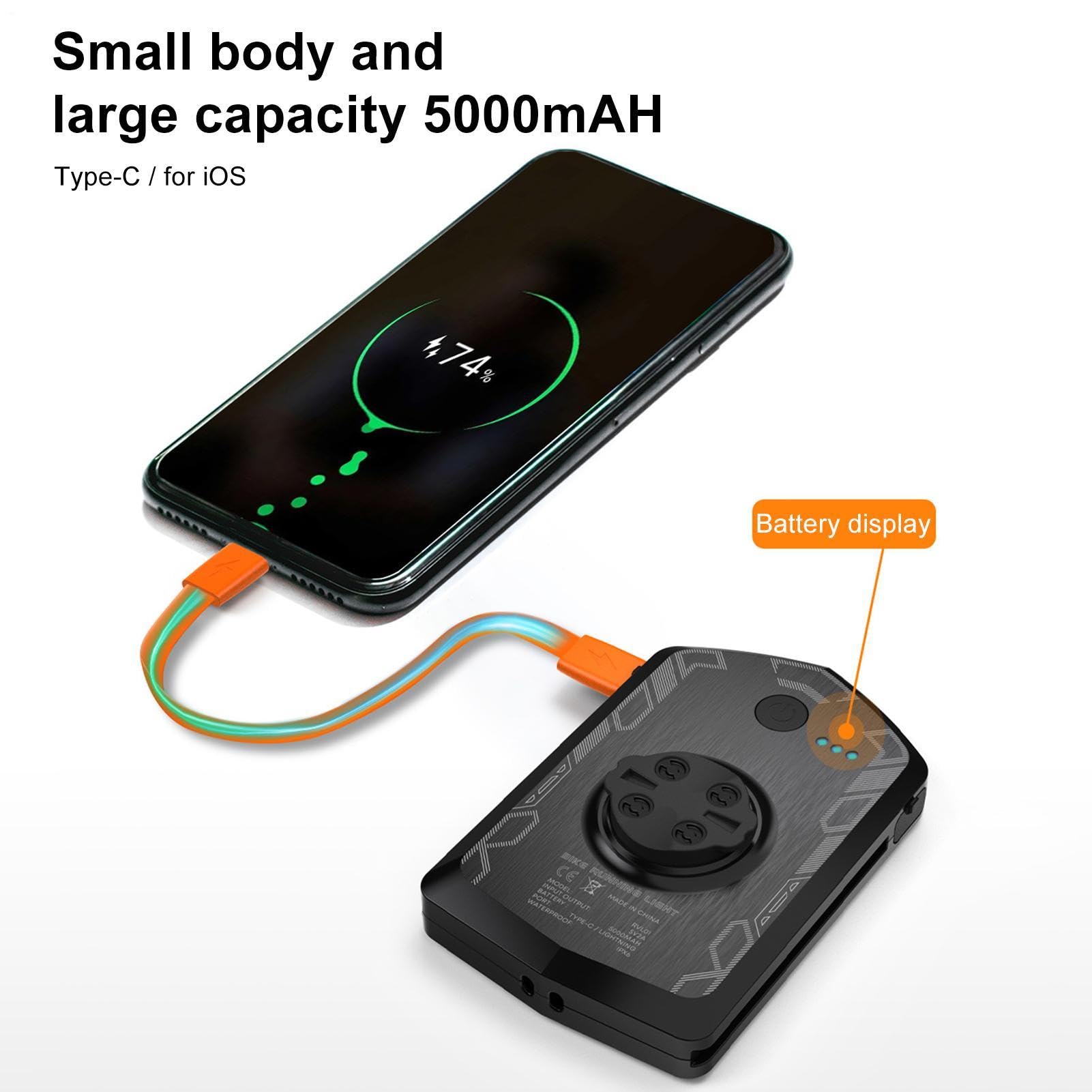 Luce anteriore notturna, 6,1 x 9,5 x 1,9 cm, funzione Power Bank | 4 modalità di illuminazione, luce LED ad alta luminosità, per ciclismo per bici da strada, supporto per la ricarica, nero