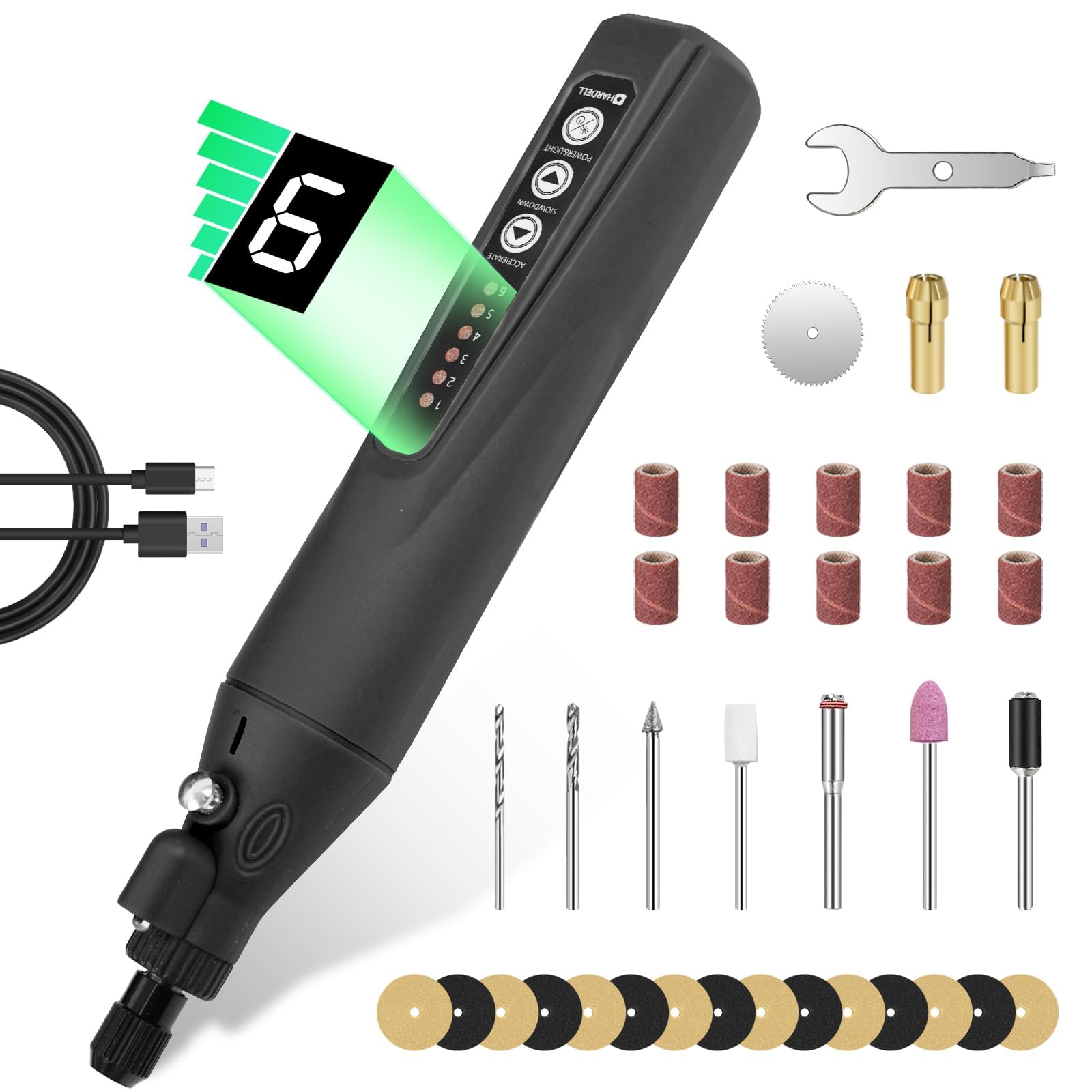 HARDELLMini Cordless Rotary Tool 4V, 6 Variable Speeds Rotary Tool Kit with 35pcs Accessories, 2000mAh Rechargeable Power Rotary Tools, for Carving, Sanding, Engraving, Grinding, Cutting