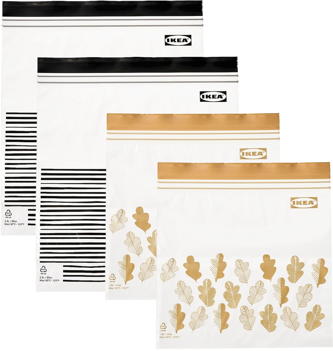 ISTAD Medium Reusable Food Bags with Double Seal, 1.2 & 2.5 Litres, Black Striped/Yellow Leaf - Set of 100 Bags