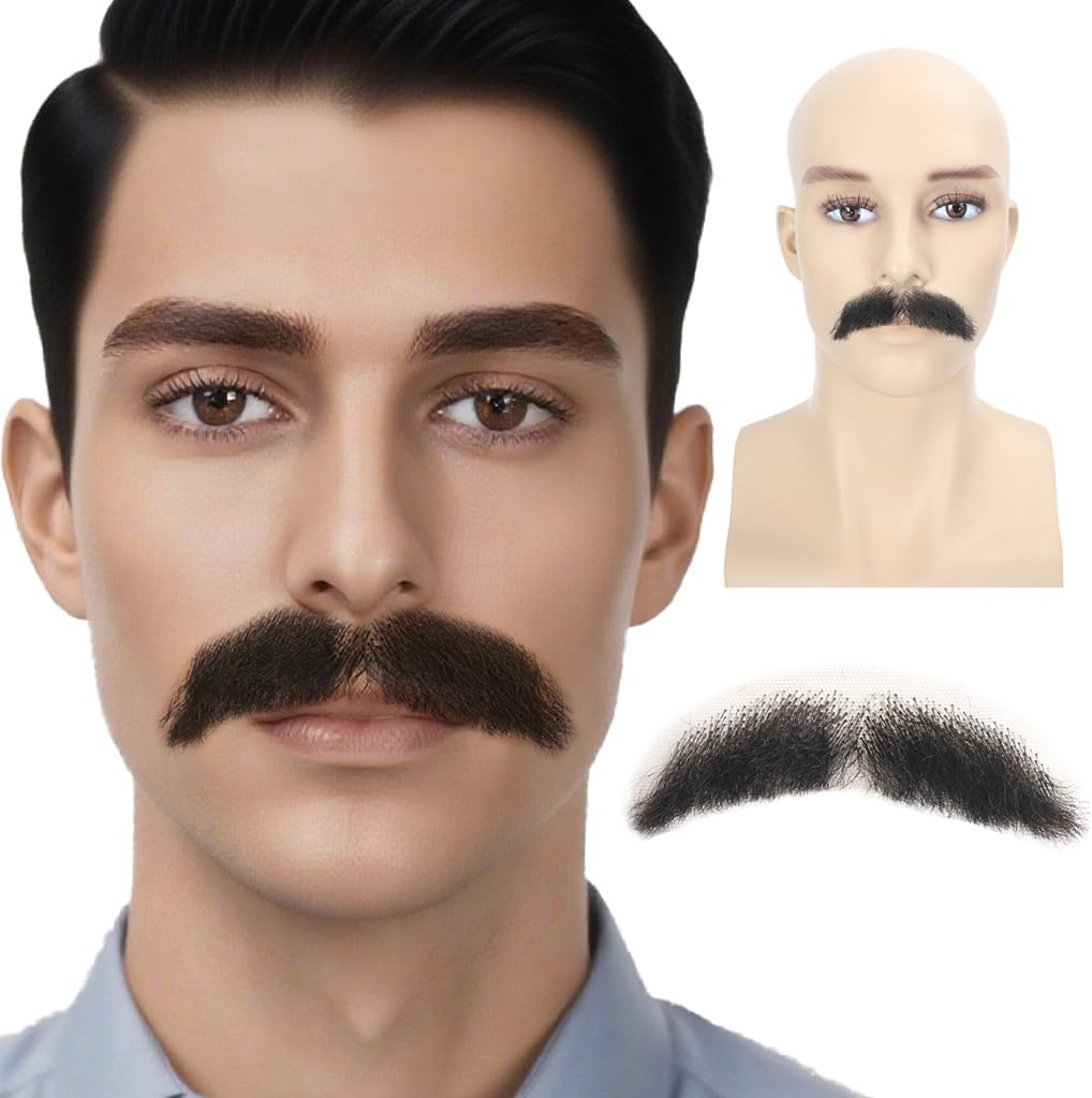 Fake Beard Synthetic Fiber Hair Lace Hands Tied Realistic Mustache for Adult Costume Theatrical Grade 1 Piece False Beards (Black)