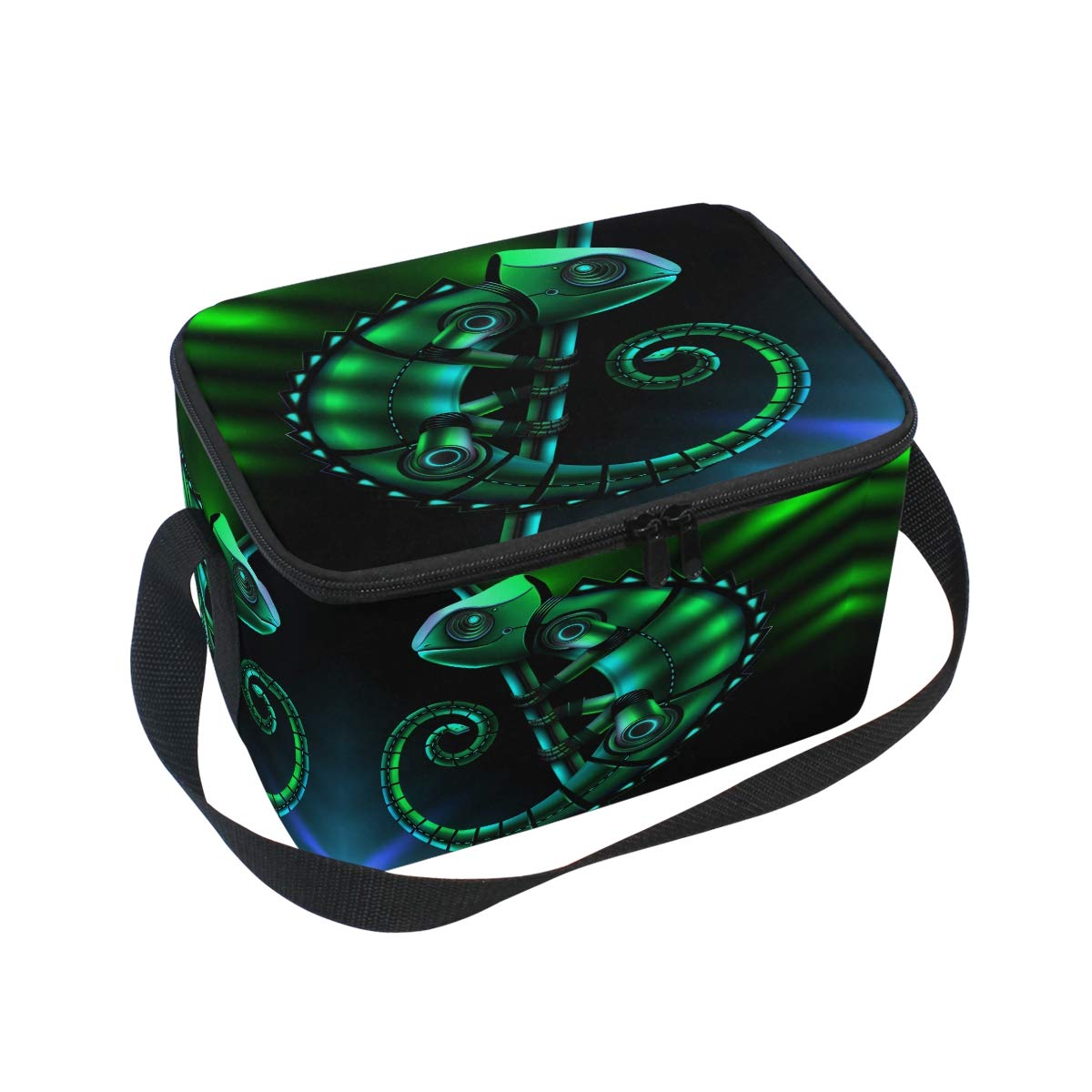 linomo Green Chameleon Lizard Lunch Box Insulated Lunch Bag, Cooler Lunchbox Lunch Tote Bag Handbag Reusable Bag for Kids Women Men