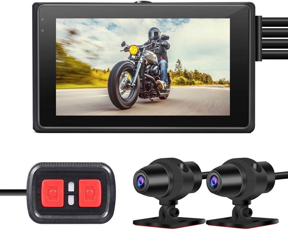 VSYSTO Motorcycle Camera Motorcycle Dash Cam 1080P Dual Lens Motorcycle Front and Rear Camera DVR Sports Action Camera 3'' LCD Screen 150° Wide Angle WiFi Night Vision