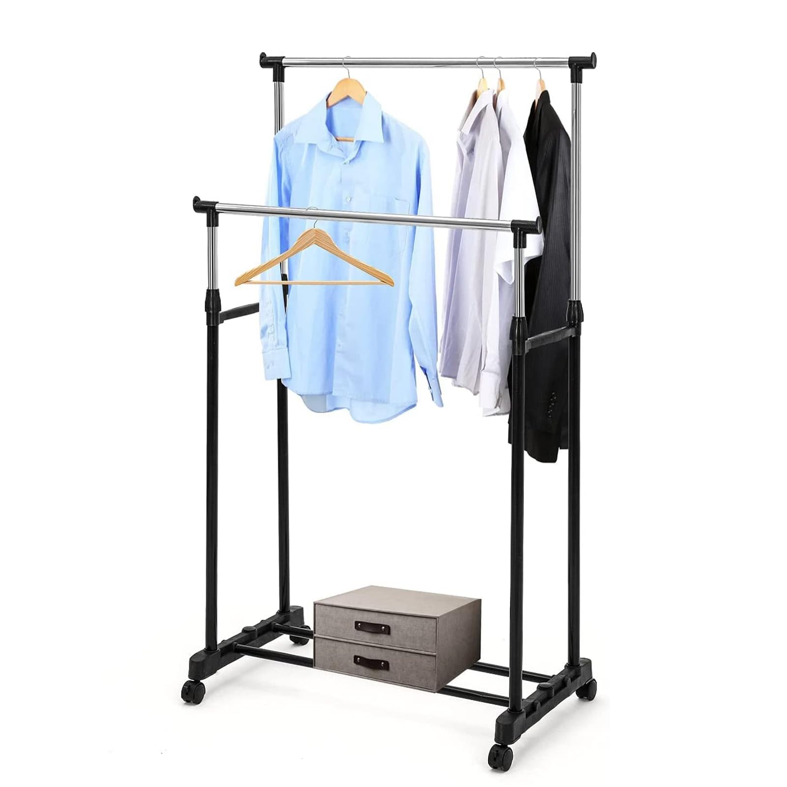 LN COZY CORNER Adjustable Mobile Clothing Rail with Wheels, Small Metal Garment Rack for Bedroom, Coat and Shoe Storage Stand with Castors (Black, Double rail)