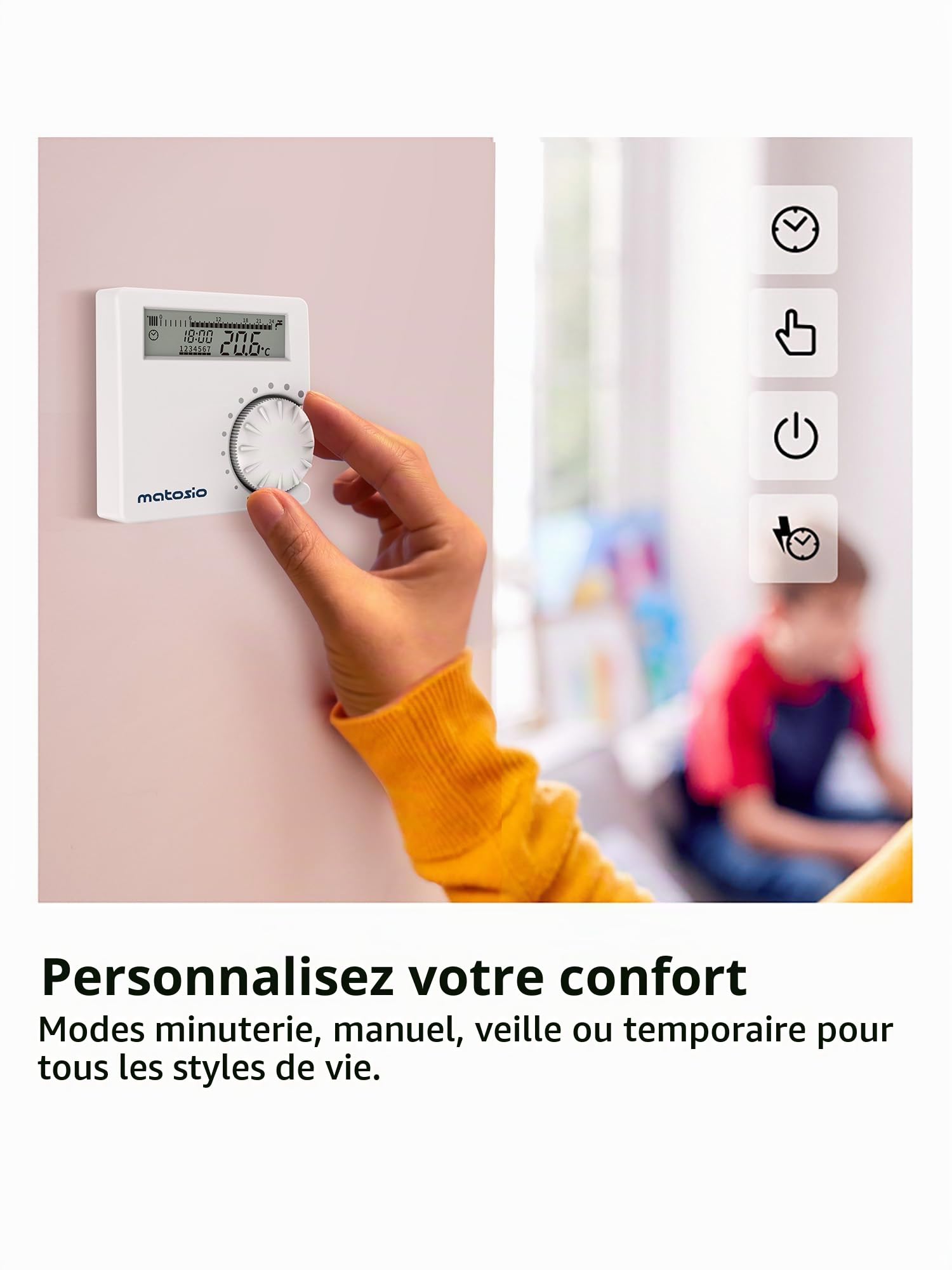 TH611 Thermostat programmable de chaudiere sans Fil avec Récepteur, Thermostat Ambiante Mural Blanc