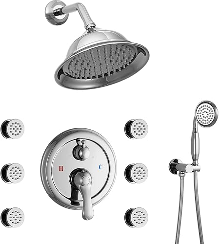 Sistema de ducha cromado de 8 pulgadas, juego de grifo de ducha montado en la pared con chorros de cuerpo, sistema de ducha de lluvia de 3 funciones