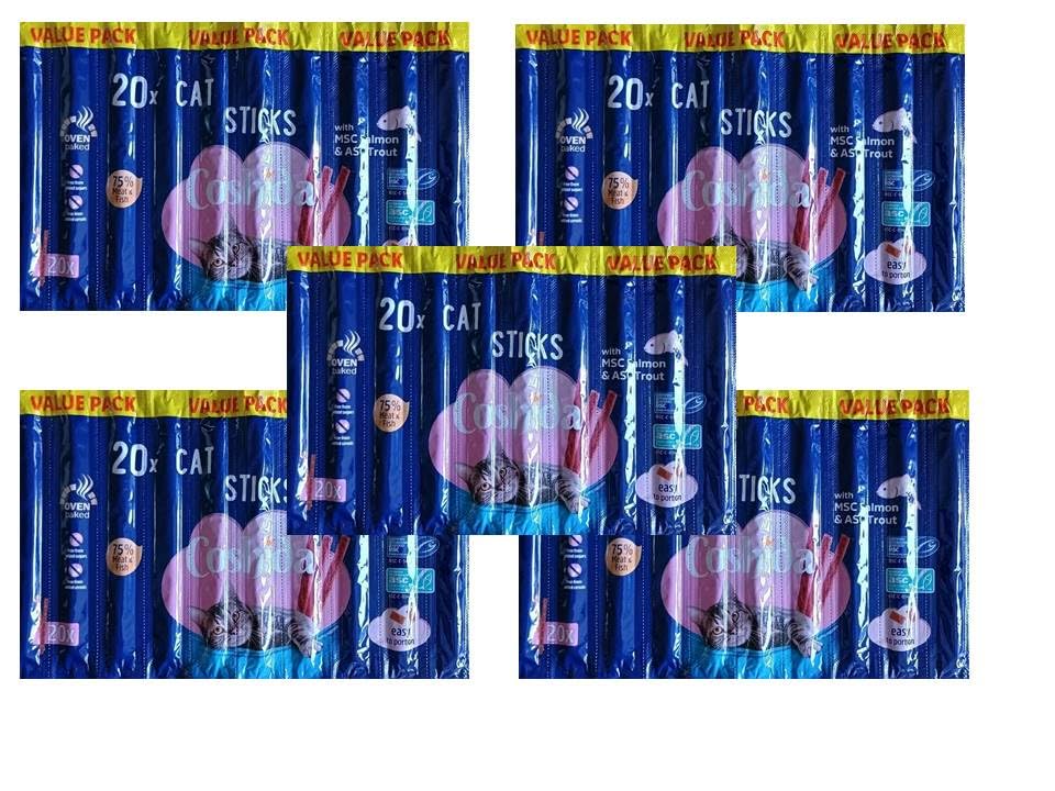 5 Packs x 20 (100 Sticks),Cat Treat Sticks Value Pack, MSC Salmon and ASC Trout, 20 Pieces, Oven Baked, 75% Meat and Fish